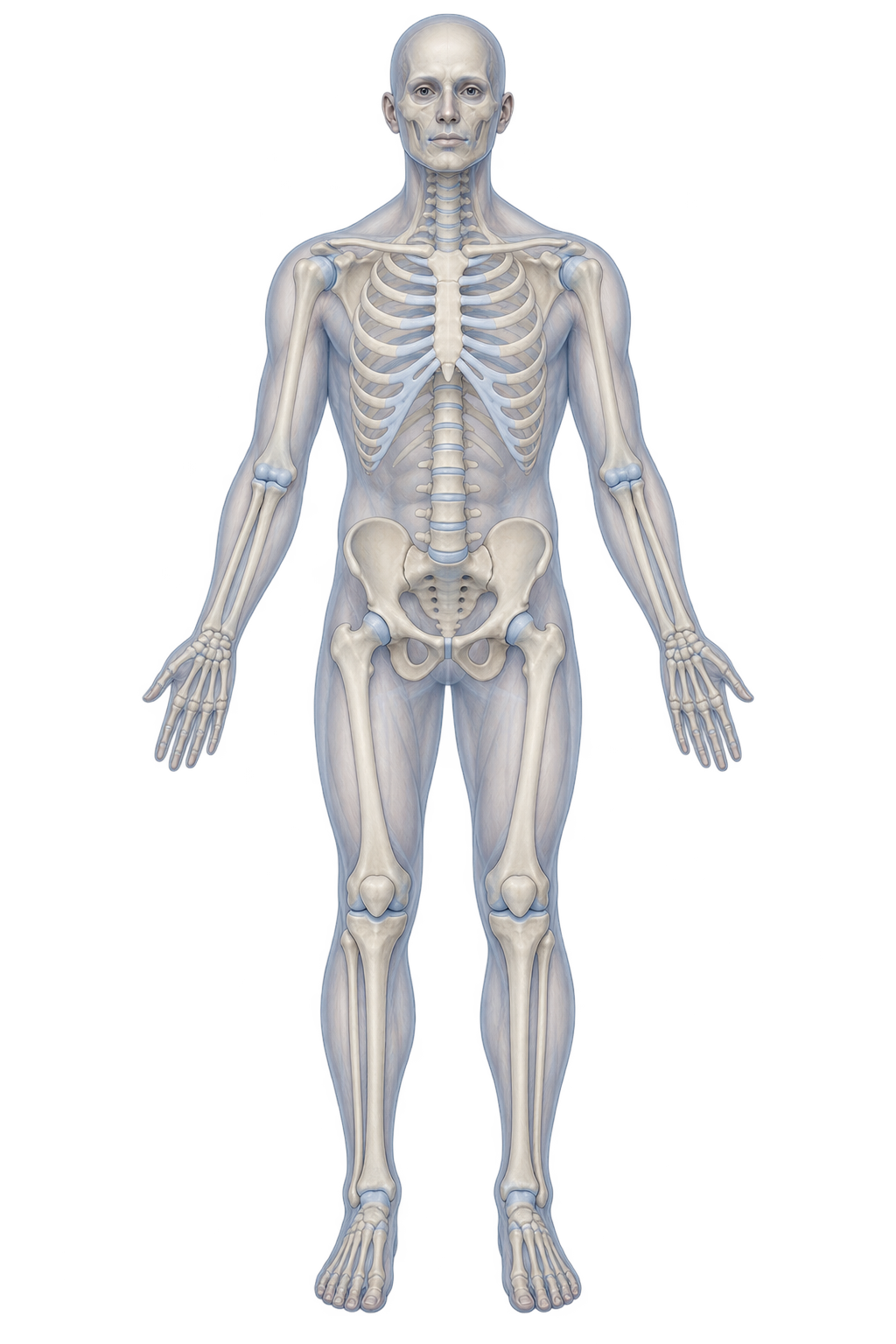 Ilustração anatômica frontal do sistema musculoesquelético