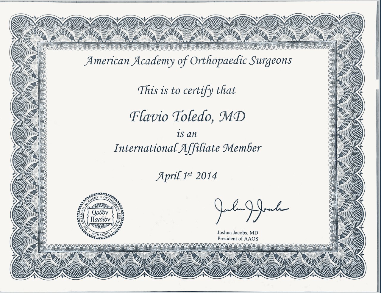 Certificado de membro internacional da American Academy of Orthopaedic Surgeons